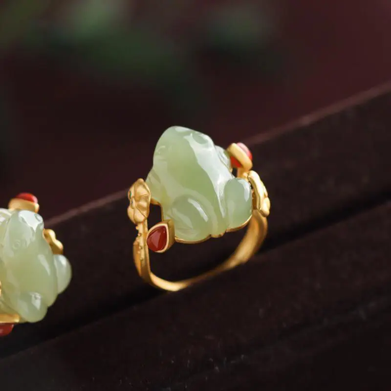 Sterling Silver Ring - Green Jade Frog Rings Charms Natural