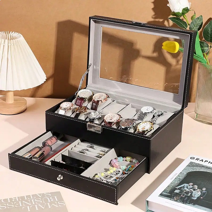 12-Slot Watch Box with Drawer, - Jewelry Box With Watches recension och pris