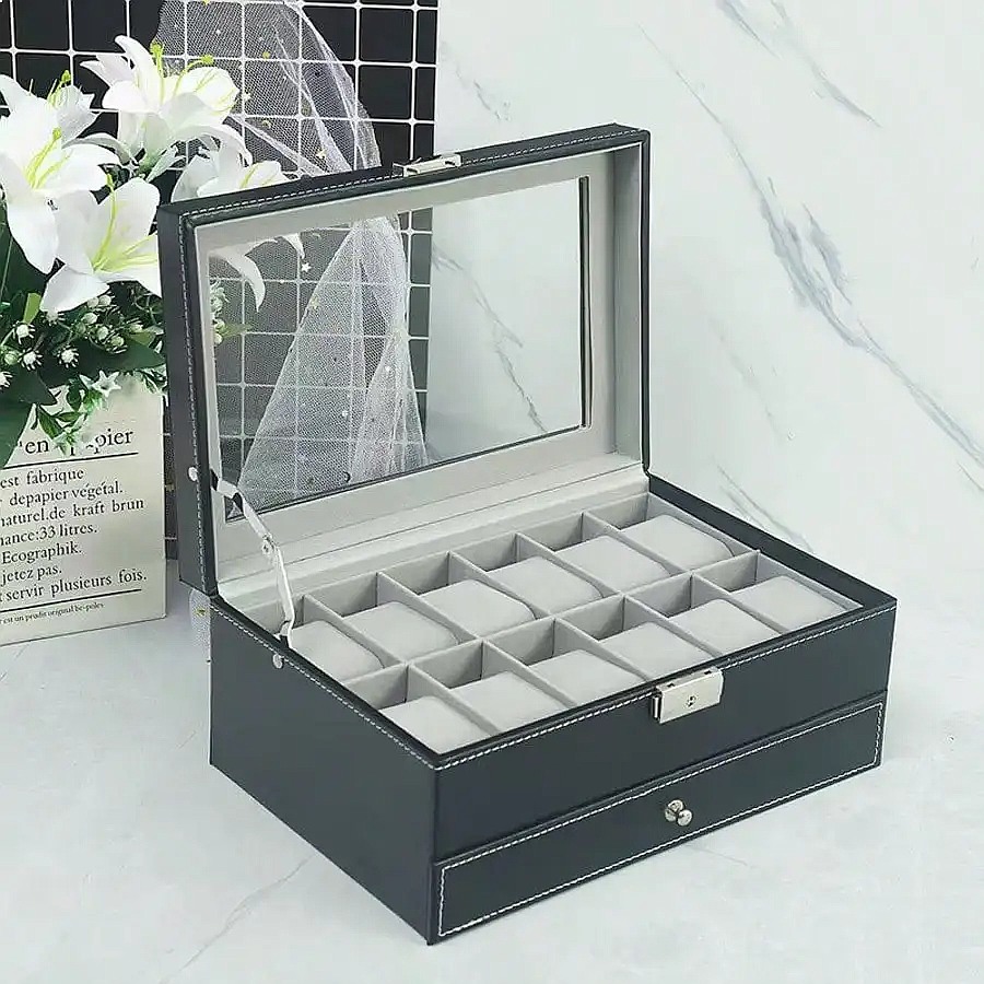 12-Slot Watch Box with Drawer, - Jewelry Box With Watches recension och pris